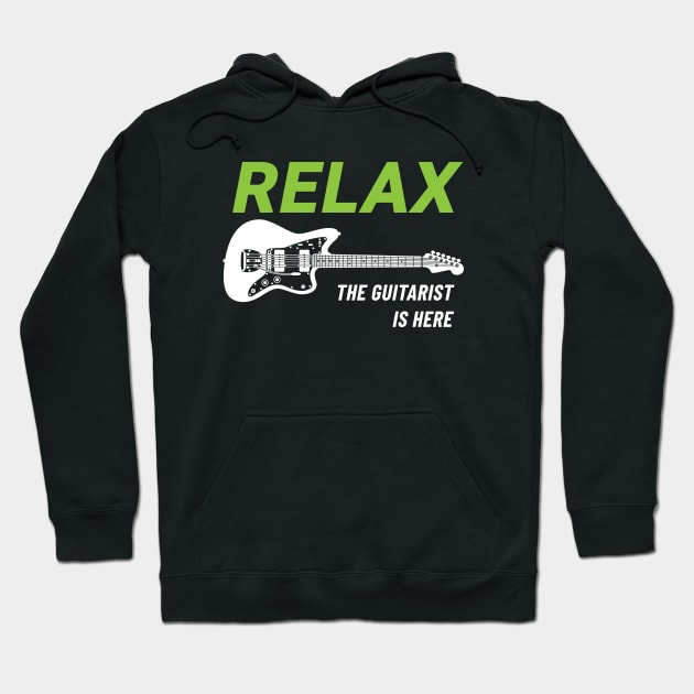 Relax The Guitarist Is Here Offset Style Electric Guitar Dark Theme Hoodie by nightsworthy